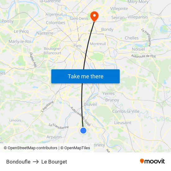 Bondoufle to Le Bourget map