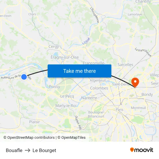 Bouafle to Le Bourget map