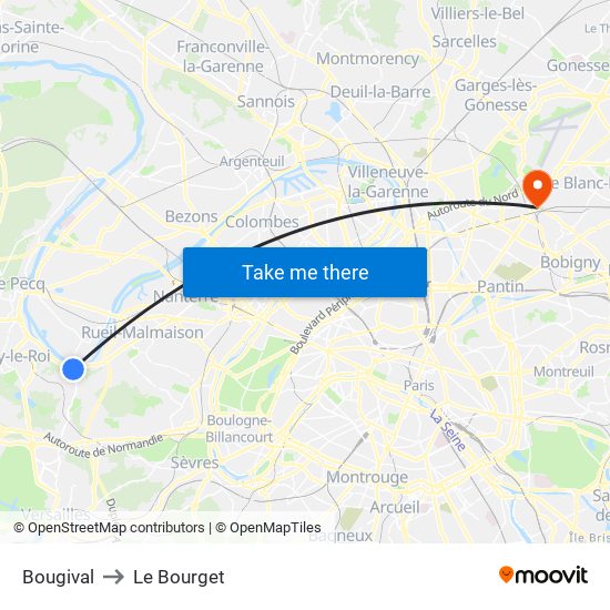 Bougival to Le Bourget map