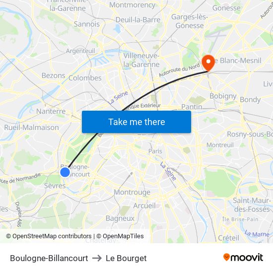 Boulogne-Billancourt to Le Bourget map