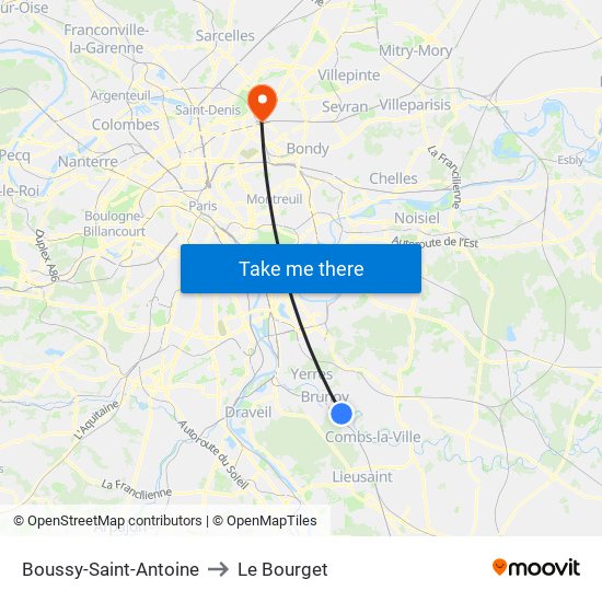 Boussy-Saint-Antoine to Le Bourget map
