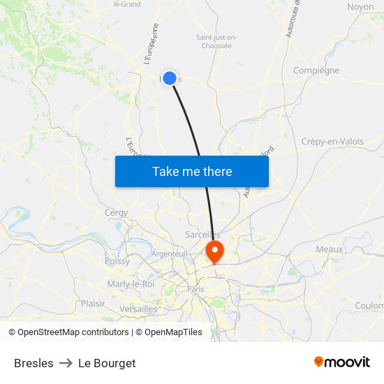 Bresles to Le Bourget map