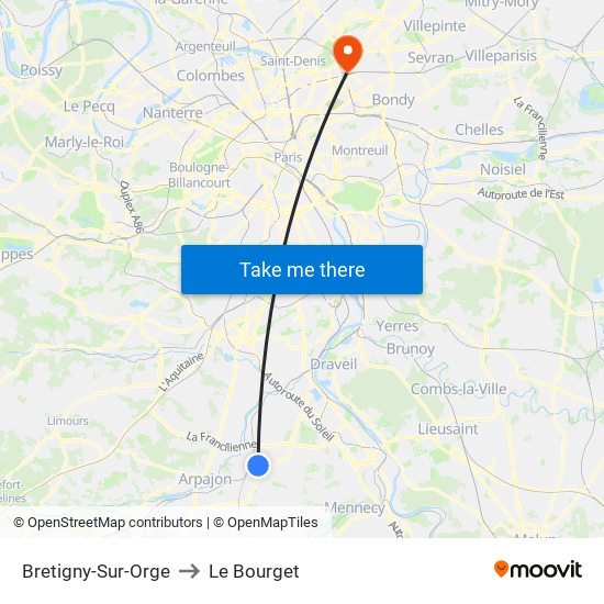 Bretigny-Sur-Orge to Le Bourget map