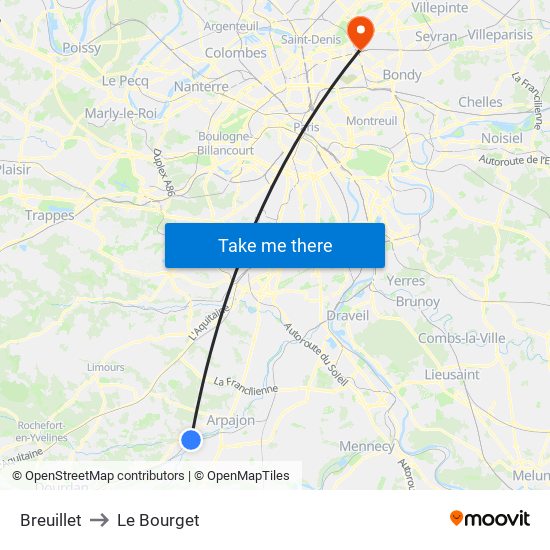Breuillet to Le Bourget map