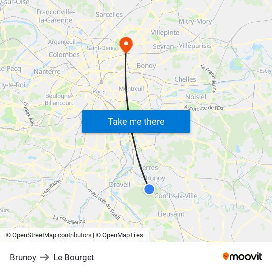 Brunoy to Le Bourget map