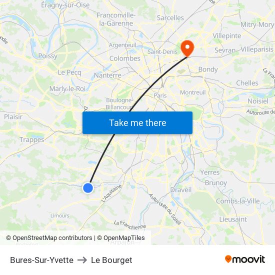 Bures-Sur-Yvette to Le Bourget map