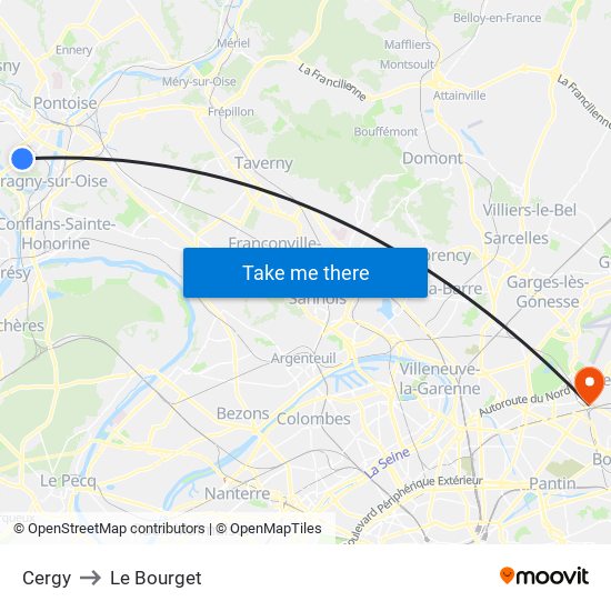 Cergy to Le Bourget map