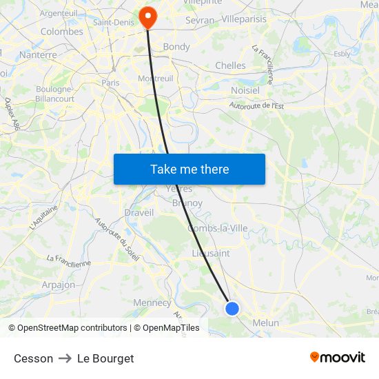 Cesson to Le Bourget map