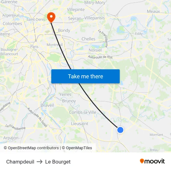 Champdeuil to Le Bourget map