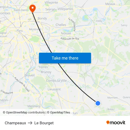 Champeaux to Le Bourget map