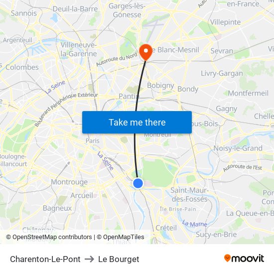 Charenton-Le-Pont to Le Bourget map