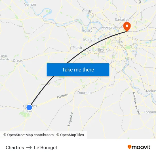 Chartres to Le Bourget map