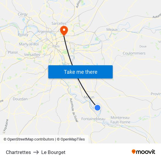 Chartrettes to Le Bourget map