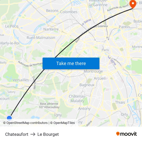 Chateaufort to Le Bourget map