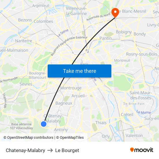 Chatenay-Malabry to Le Bourget map