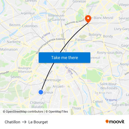 Chatillon to Le Bourget map