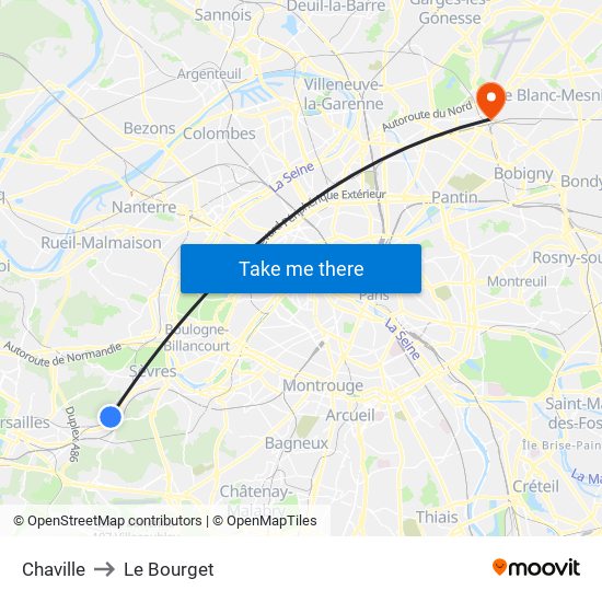 Chaville to Le Bourget map