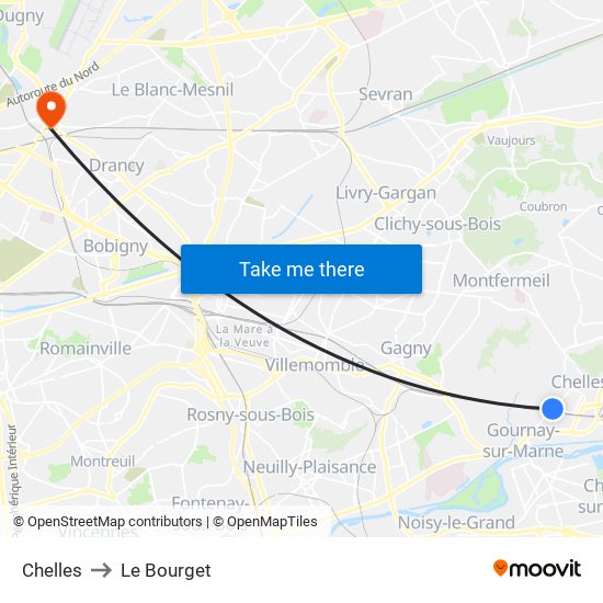 Chelles to Le Bourget map