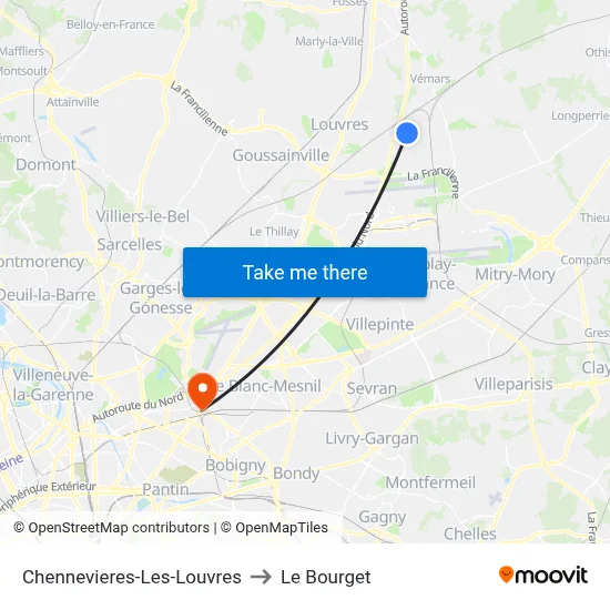 Chennevieres-Les-Louvres to Le Bourget map