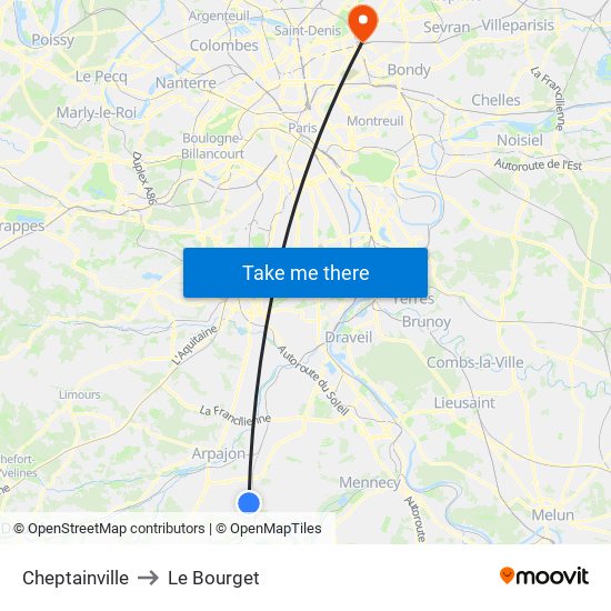 Cheptainville to Le Bourget map