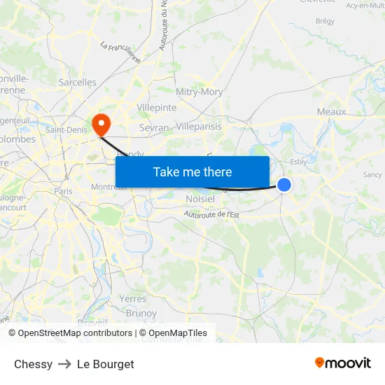 Chessy to Le Bourget map