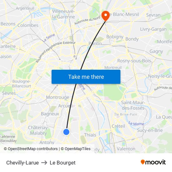 Chevilly-Larue to Le Bourget map