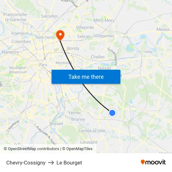 Chevry-Cossigny to Le Bourget map