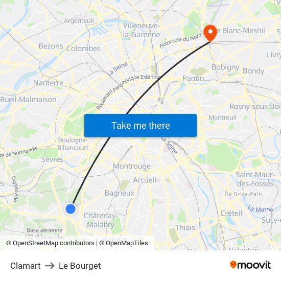 Clamart to Le Bourget map
