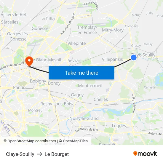 Claye-Souilly to Le Bourget map