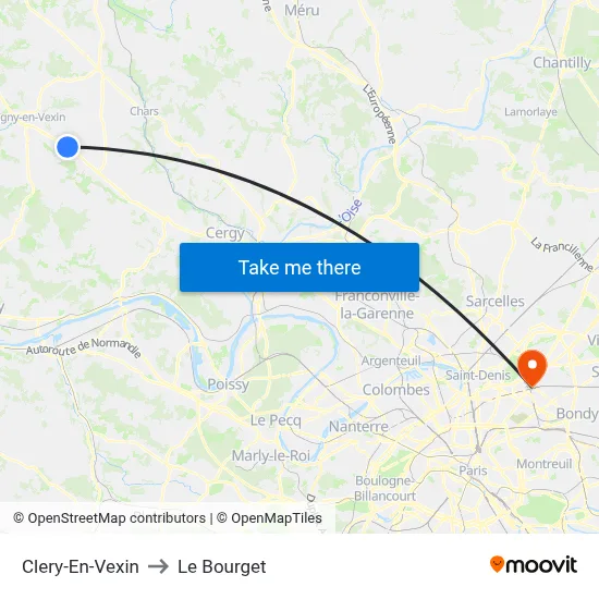 Clery-En-Vexin to Le Bourget map