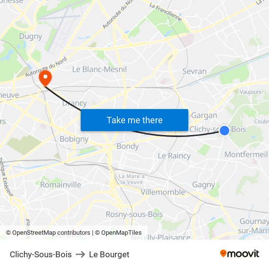 Clichy-Sous-Bois to Le Bourget map