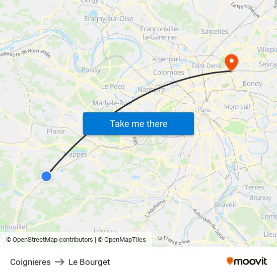 Coignieres to Le Bourget map