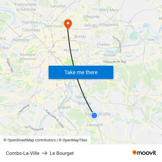 Combs-La-Ville to Le Bourget map