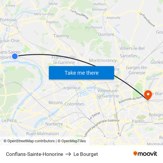 Conflans-Sainte-Honorine to Le Bourget map