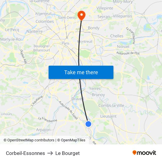 Corbeil-Essonnes to Le Bourget map