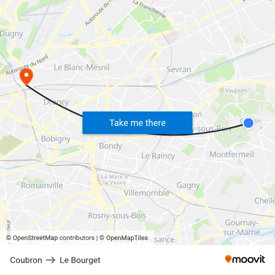 Coubron to Le Bourget map