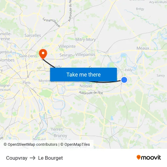 Coupvray to Le Bourget map