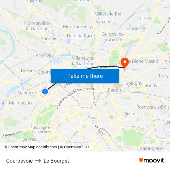 Courbevoie to Le Bourget map
