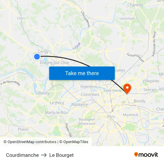 Courdimanche to Le Bourget map