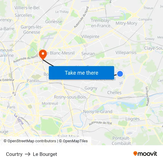 Courtry to Le Bourget map