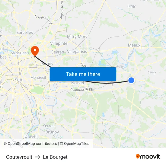 Coutevroult to Le Bourget map
