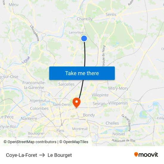 Coye-La-Foret to Le Bourget map