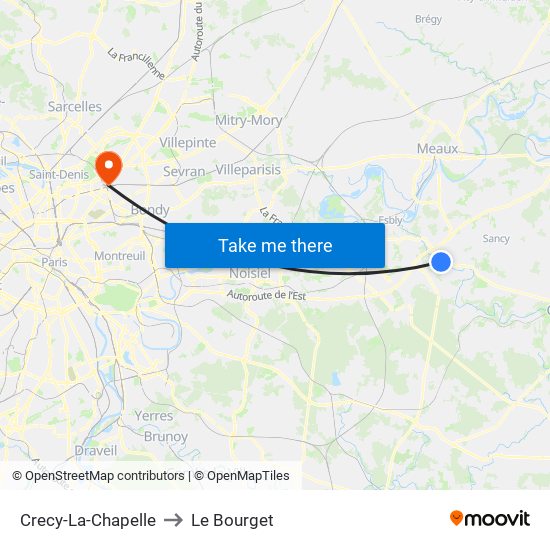 Crecy-La-Chapelle to Le Bourget map