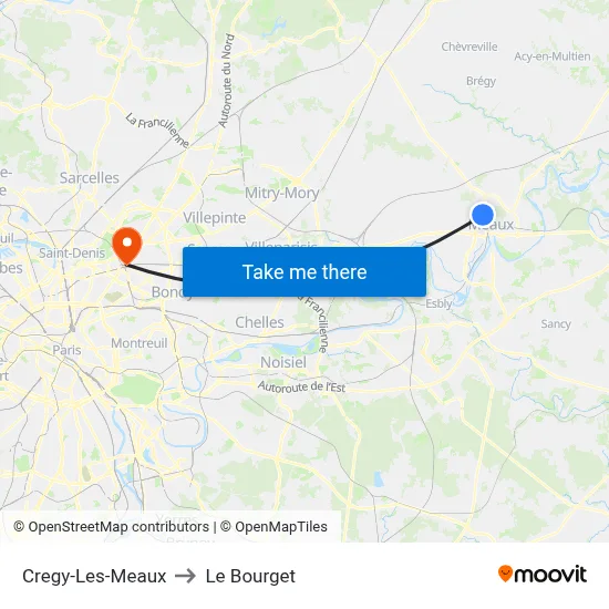 Cregy-Les-Meaux to Le Bourget map