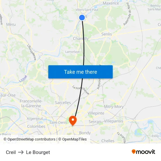 Creil to Le Bourget map
