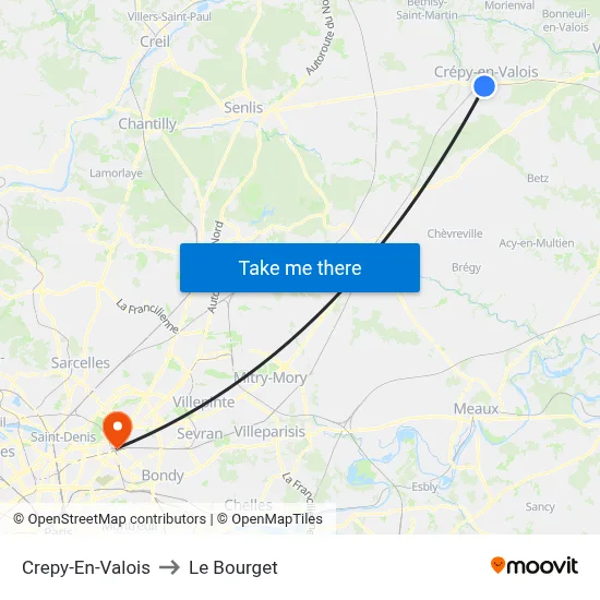 Crepy-En-Valois to Le Bourget map