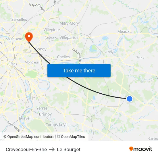 Crevecoeur-En-Brie to Le Bourget map