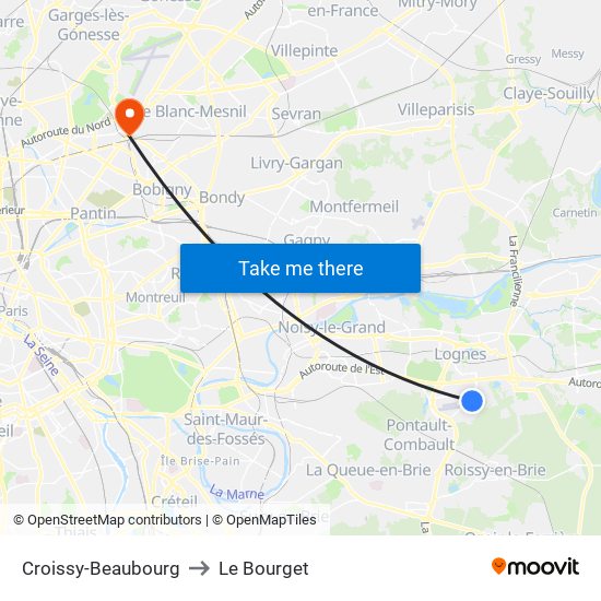 Croissy-Beaubourg to Le Bourget map