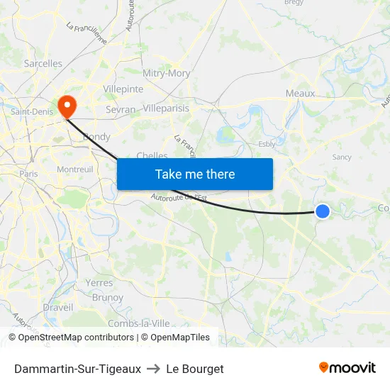 Dammartin-Sur-Tigeaux to Le Bourget map