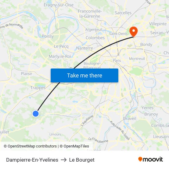 Dampierre-En-Yvelines to Le Bourget map